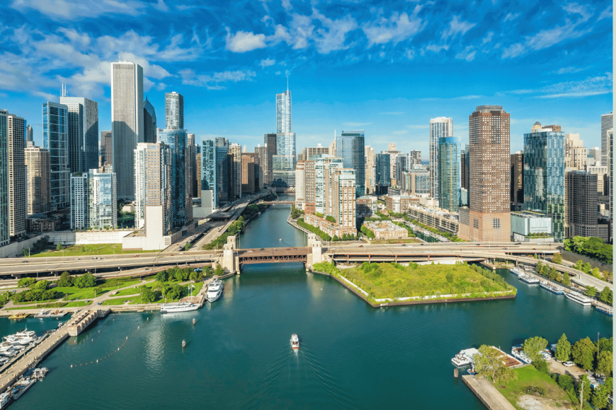 Chicago i jego piękna architektura – miasto drapaczy chmur nad jeziorem Michigan