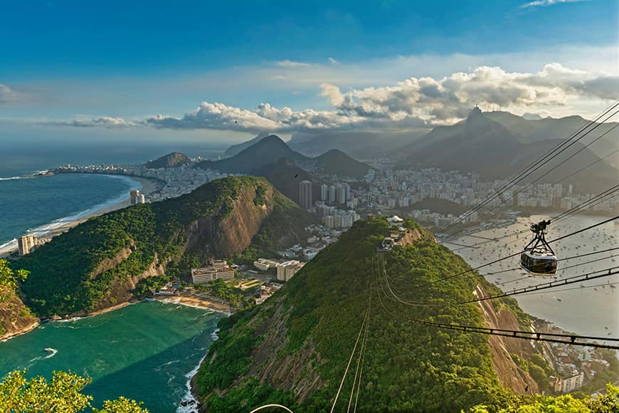Widok z kolejki linowej na Głowę Cukru w Rio de Janeiro, z panoramą miasta, plażami i pomnikiem Chrystusa w tle